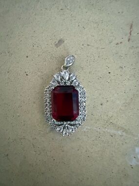 Silver-Tone Red Crystal Pendant Necklace - Elegant Statement Pendant